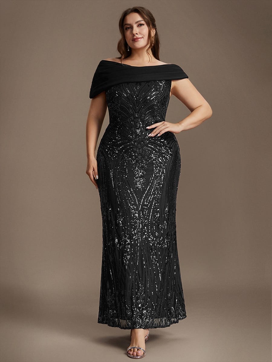 Sequin Off-the-shoulder Sleeve Bodycon Dress #color_Black