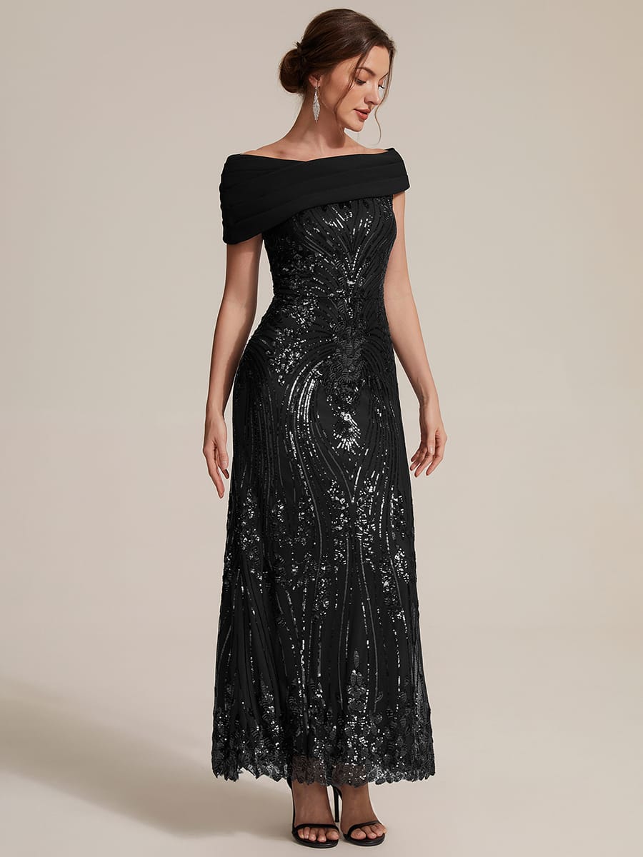 Sequin Off-the-shoulder Sleeve Bodycon Dress #color_Black