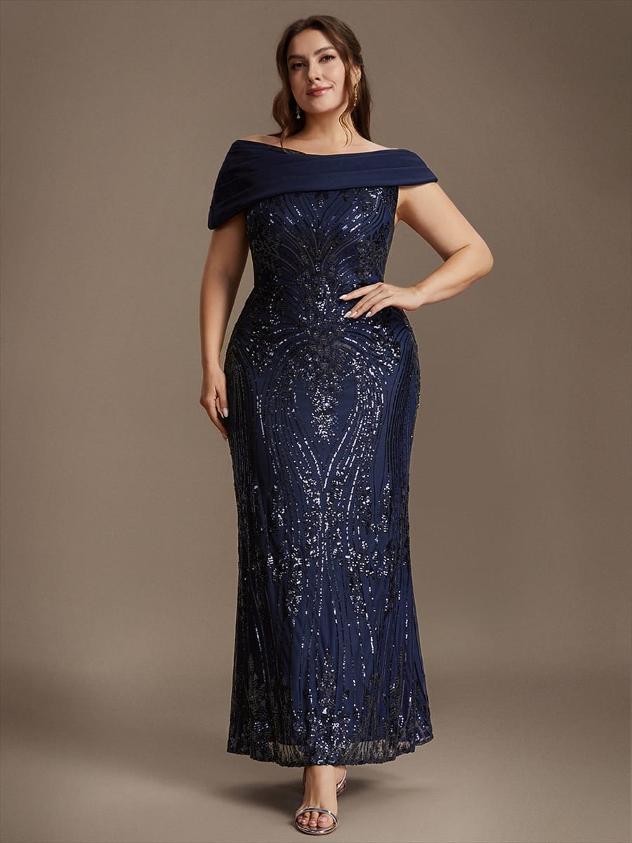 Sequin Off-the-shoulder Sleeve Bodycon Dress #color_Navy Blue
