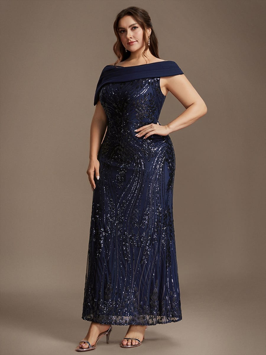 Sequin Off-the-shoulder Sleeve Bodycon Dress #color_Navy Blue