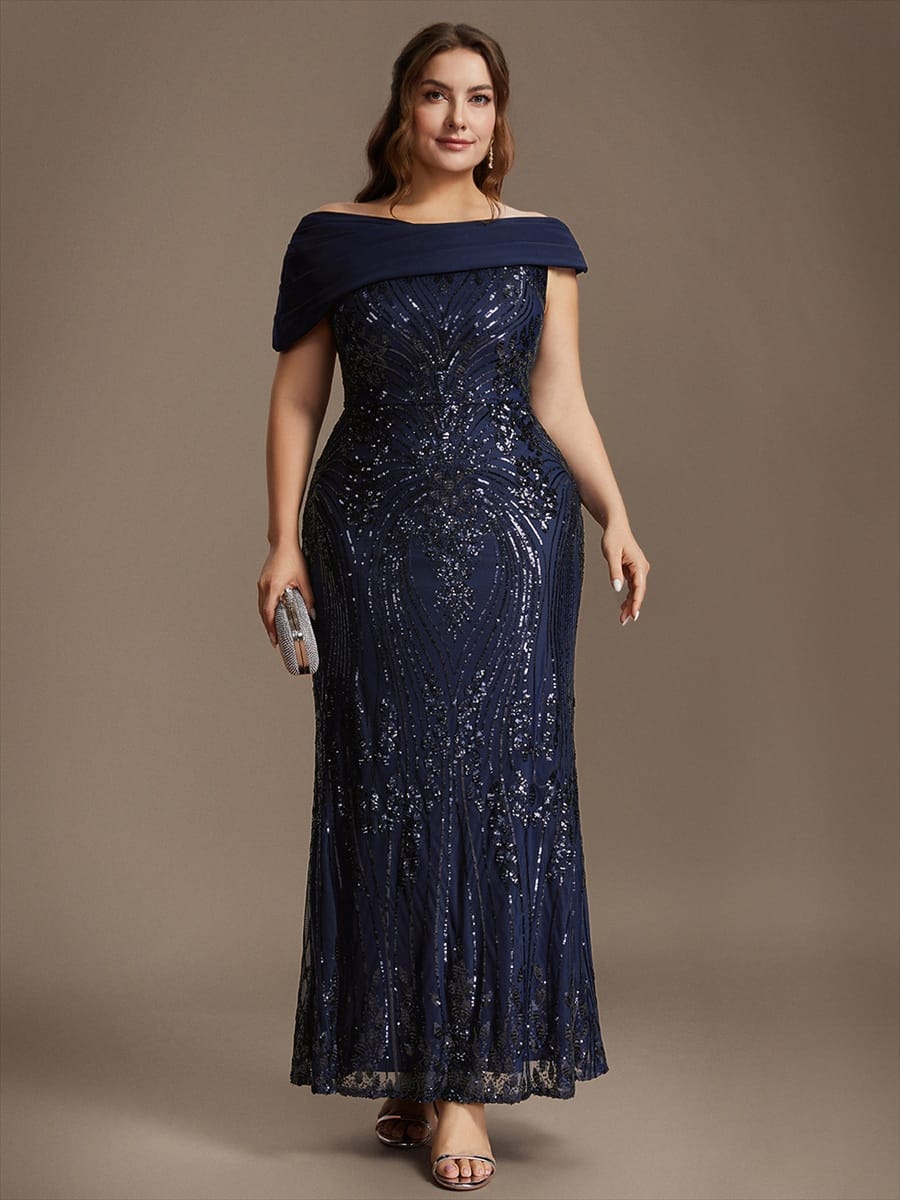 Sequin Off-the-shoulder Sleeve Bodycon Dress #color_Navy Blue
