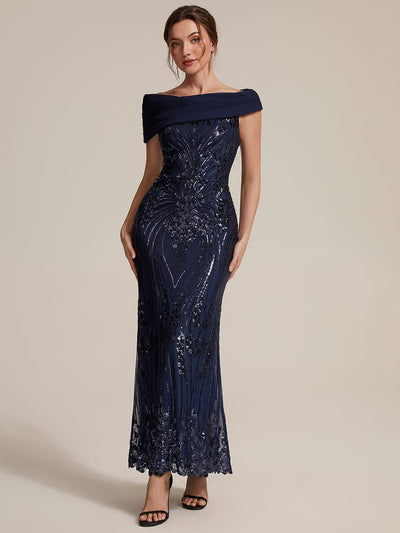 Draped Off-the-Shoulder Sequin Maxi Evening Dress