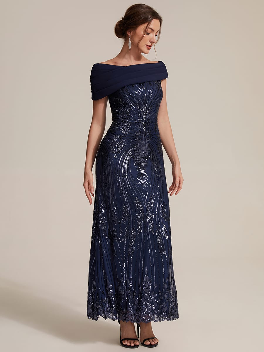 Sequin Off-the-shoulder Sleeve Bodycon Dress #color_Navy Blue