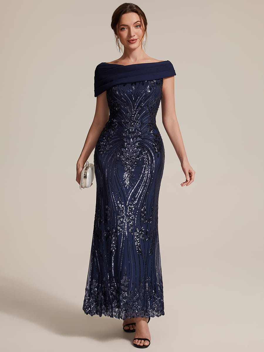 Sequin Off-the-shoulder Sleeve Bodycon Dress #color_Navy Blue