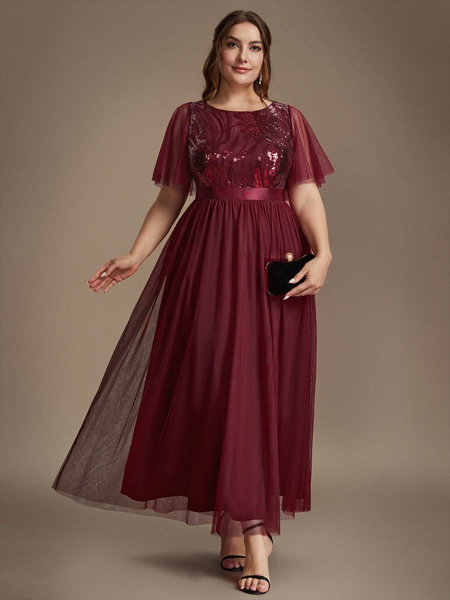 Sequin Tulle Ruffle Sleeve Dress #color_Burgundy
