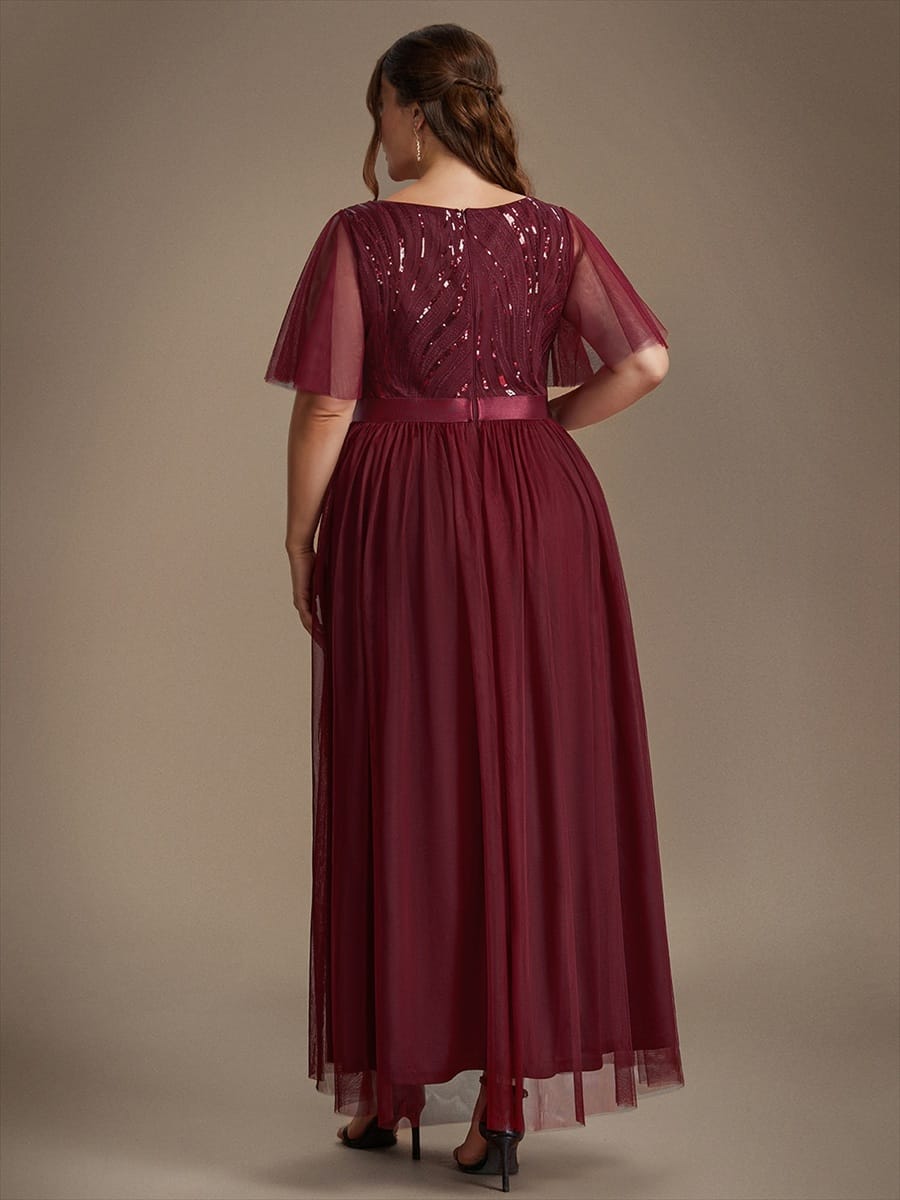 Sequin Tulle Ruffle Sleeve Dress #color_Burgundy