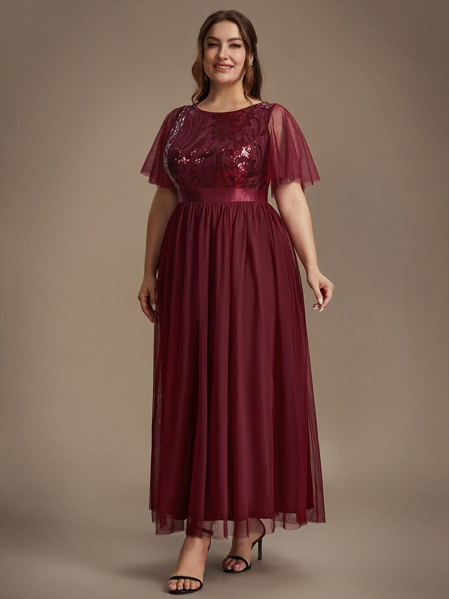 Sequin Tulle Ruffle Sleeve Dress #color_Burgundy