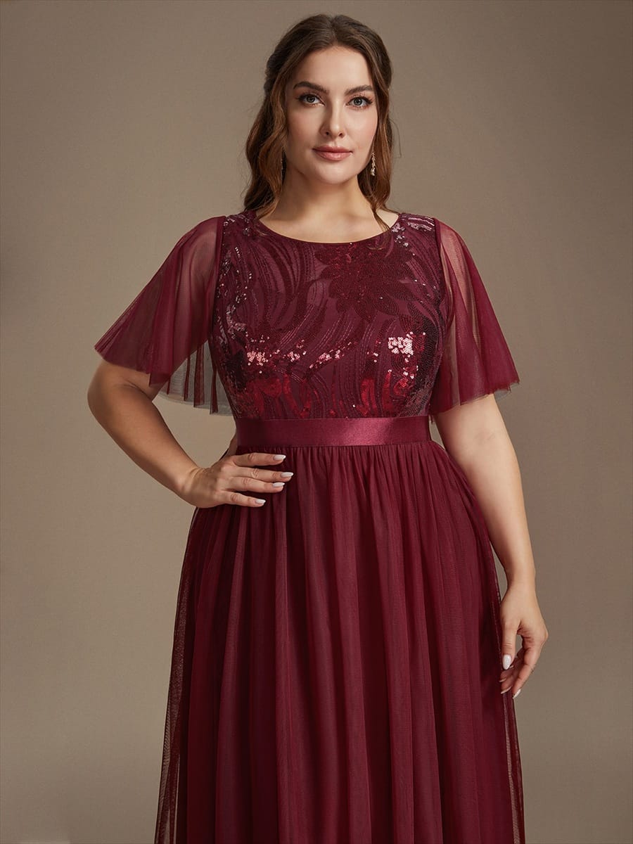 Sequin Tulle Ruffle Sleeve Dress #color_Burgundy