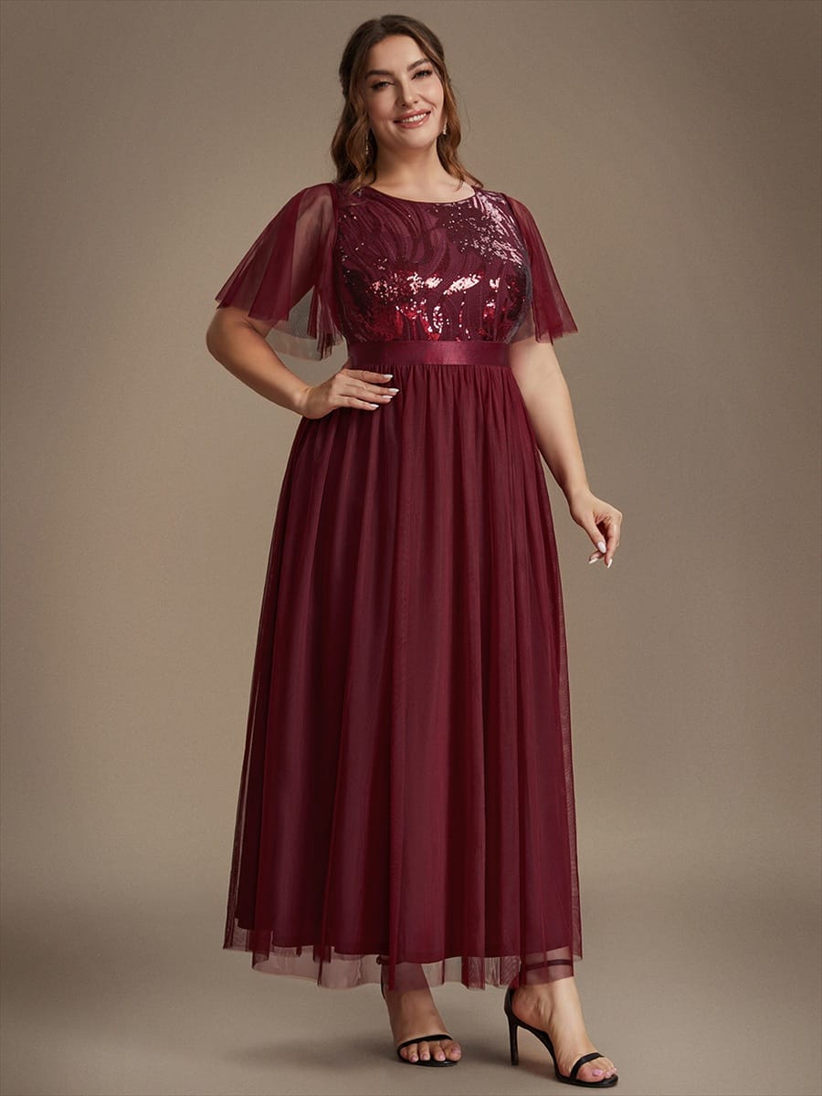 Sequin Tulle Ruffle Sleeve Dress #color_Burgundy