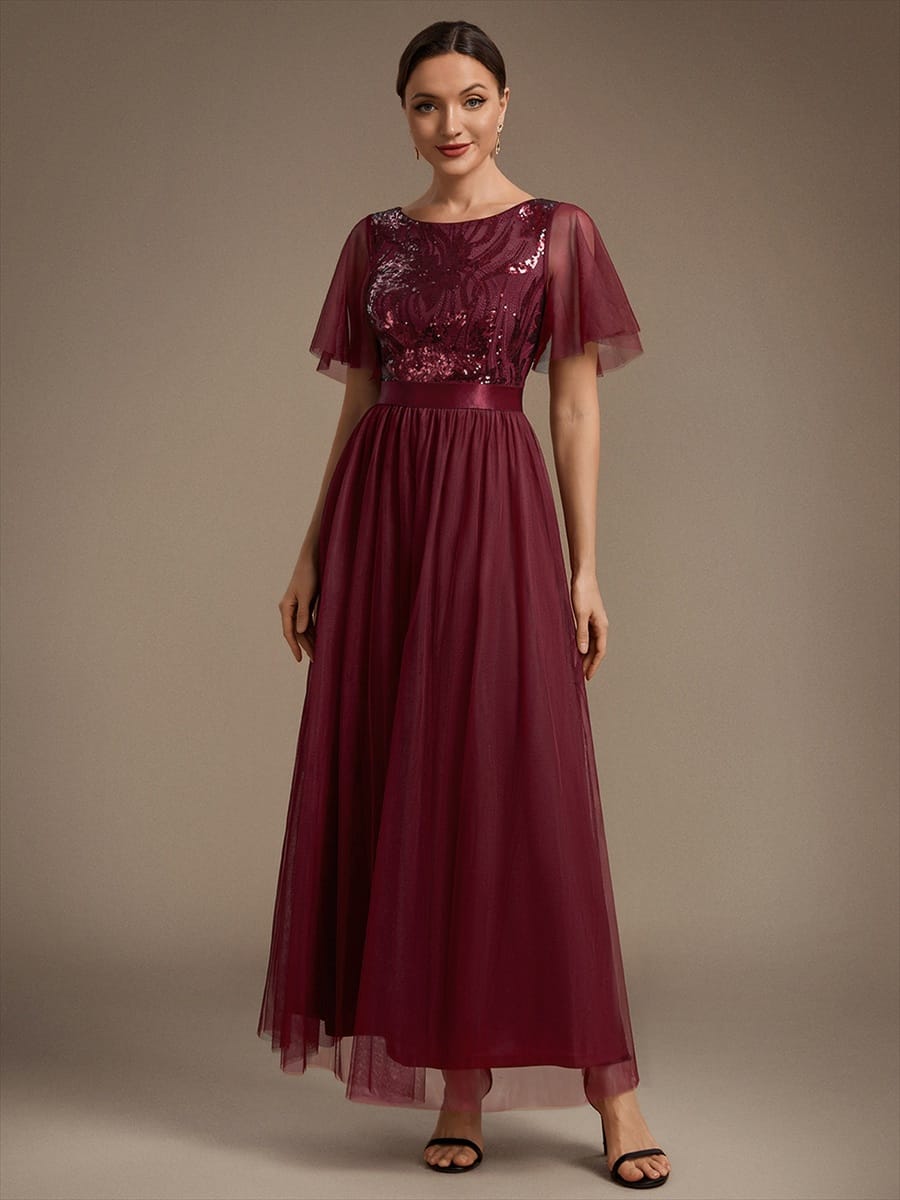 Sequin Tulle Ruffle Sleeve Dress #color_Burgundy