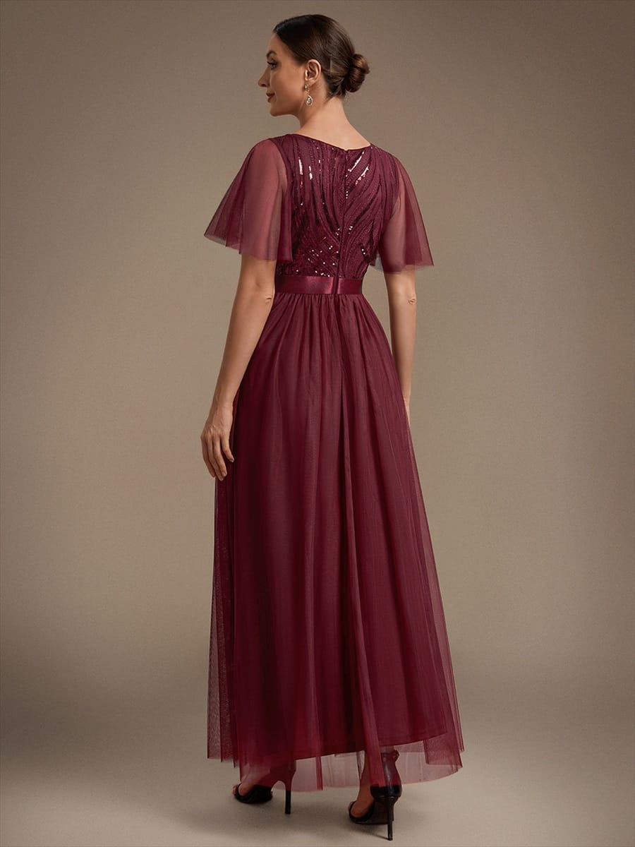 Sequin Tulle Ruffle Sleeve Dress #color_Burgundy