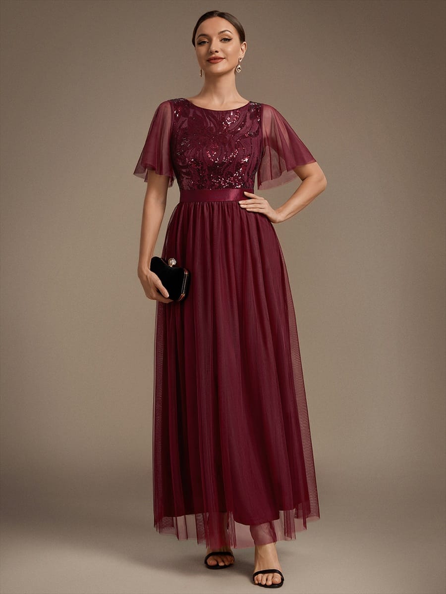 Sequin Tulle Ruffle Sleeve Dress #color_Burgundy