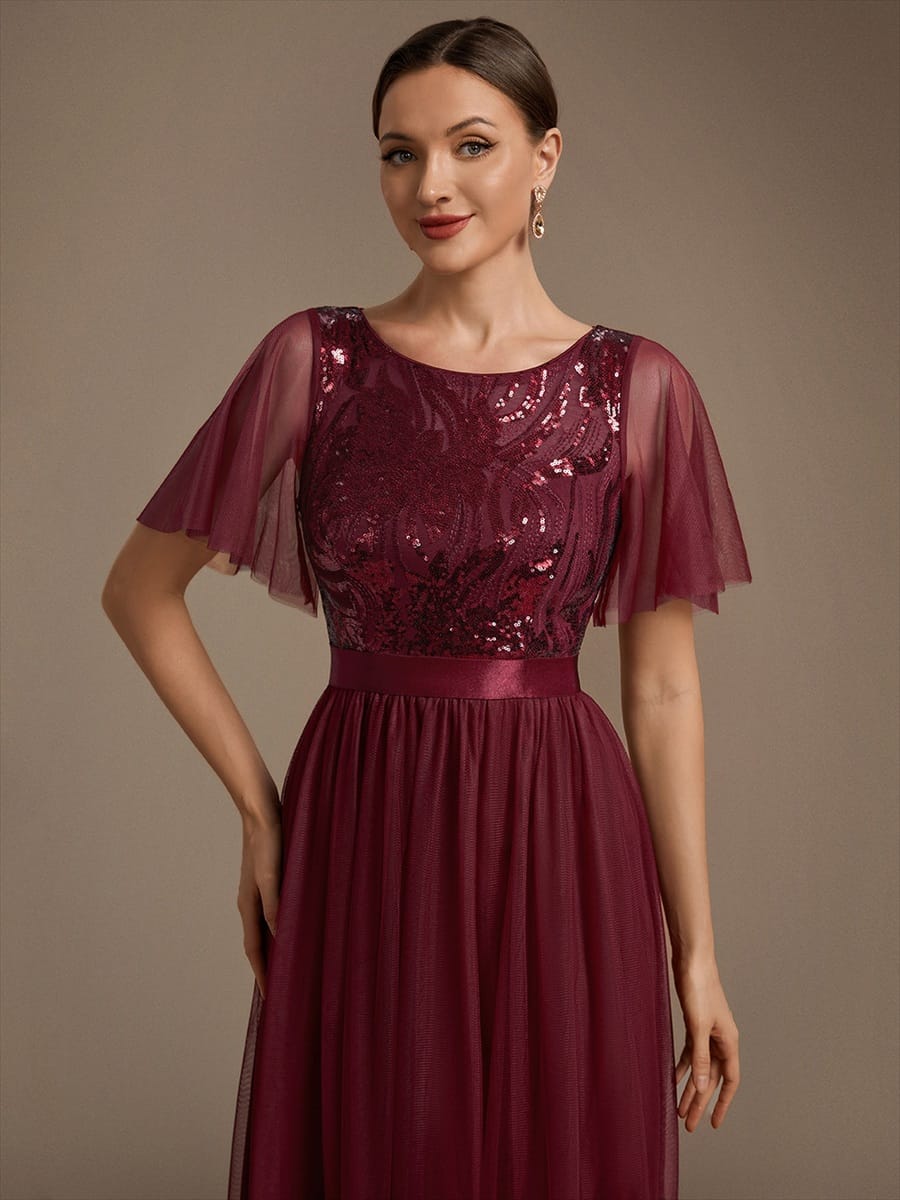 Sequin Tulle Ruffle Sleeve Dress #color_Burgundy