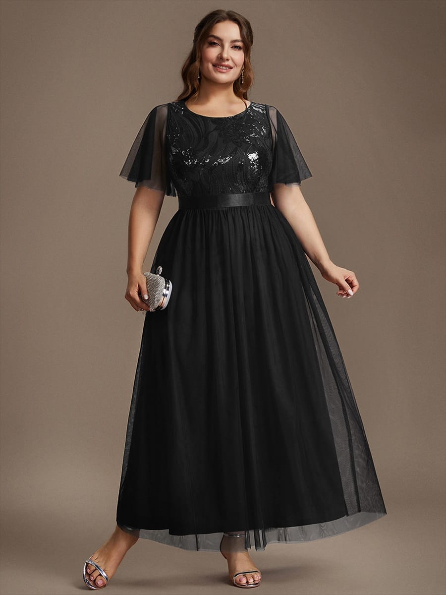 Sequin Tulle Ruffle Sleeve Dress #color_Black