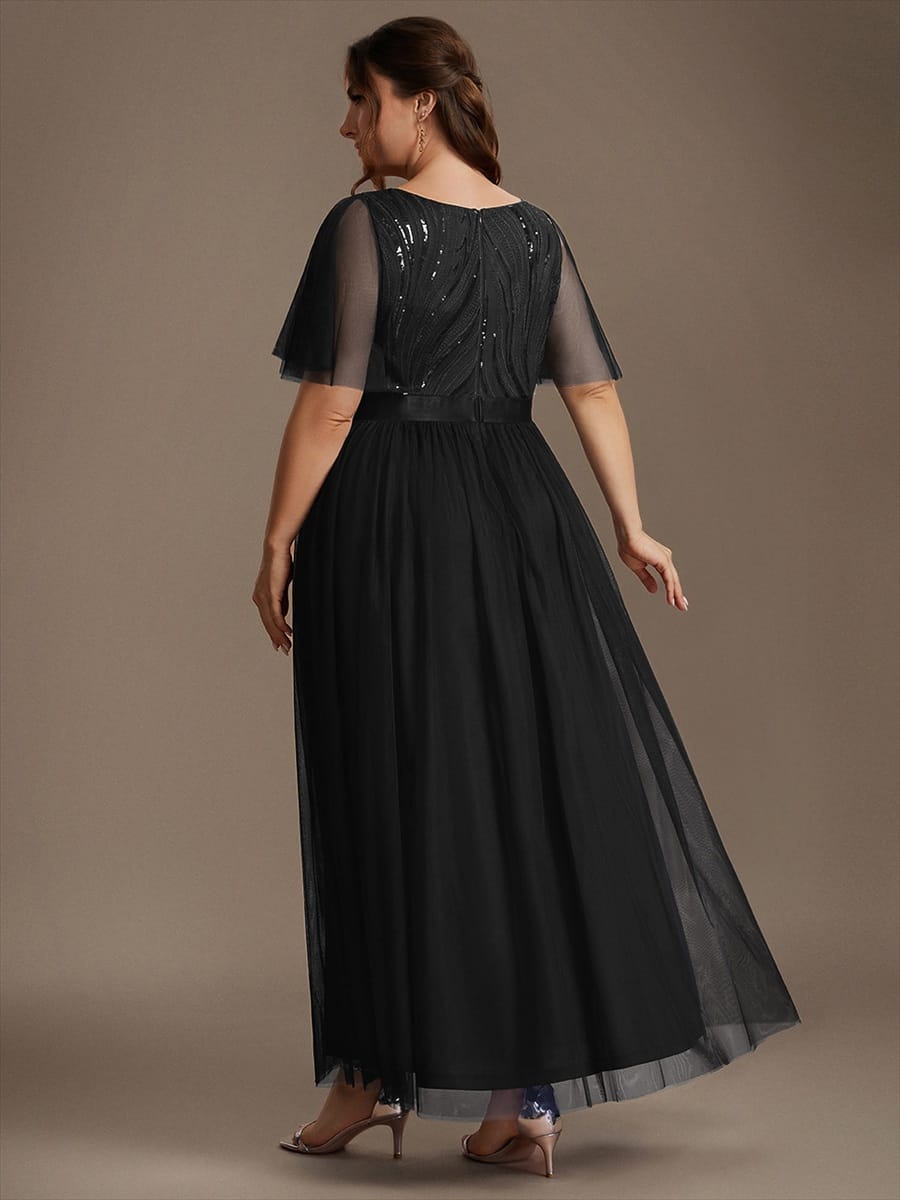 Sequin Tulle Ruffle Sleeve Dress #color_Black