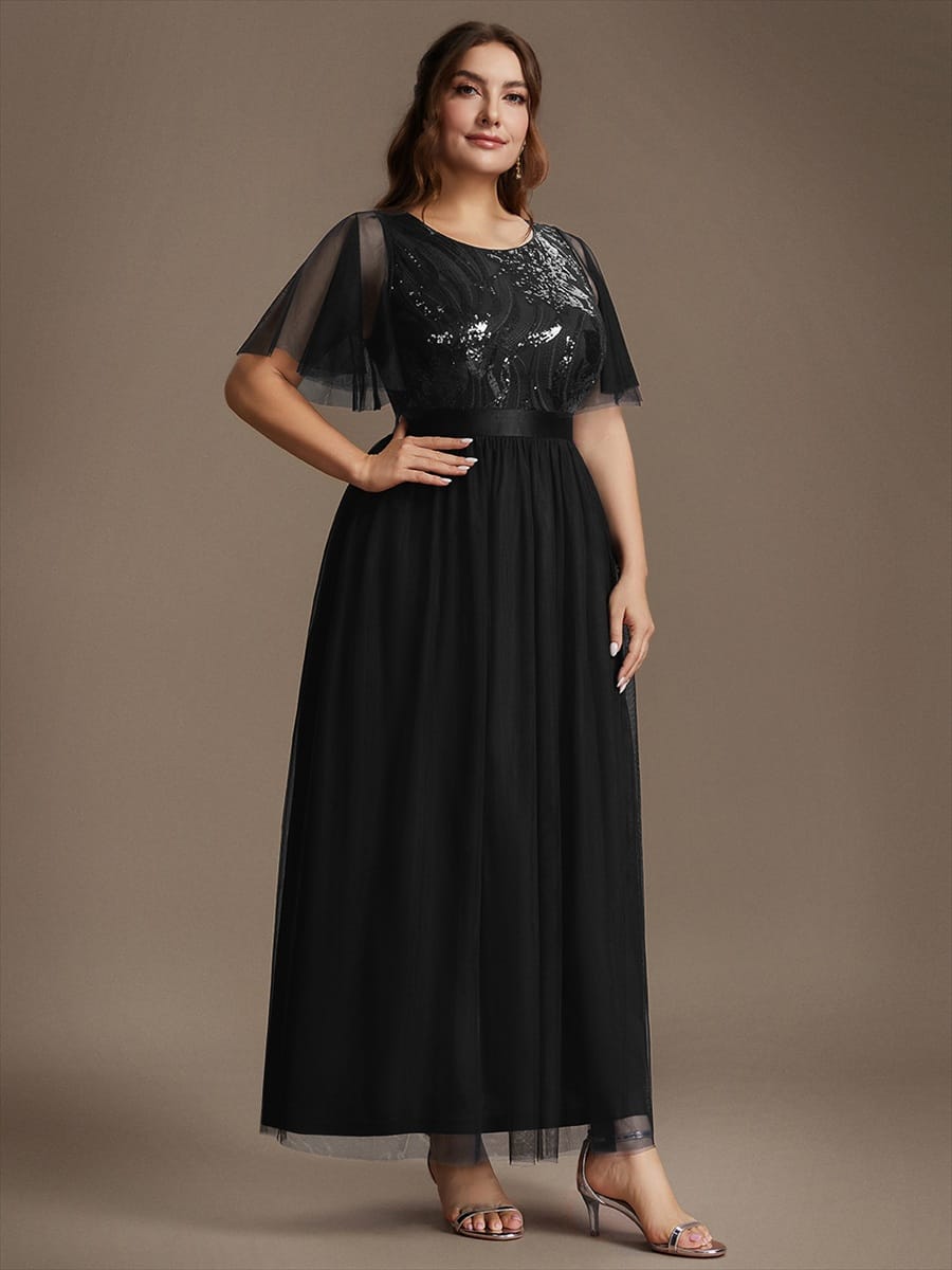 Sequin Tulle Ruffle Sleeve Dress #color_Black