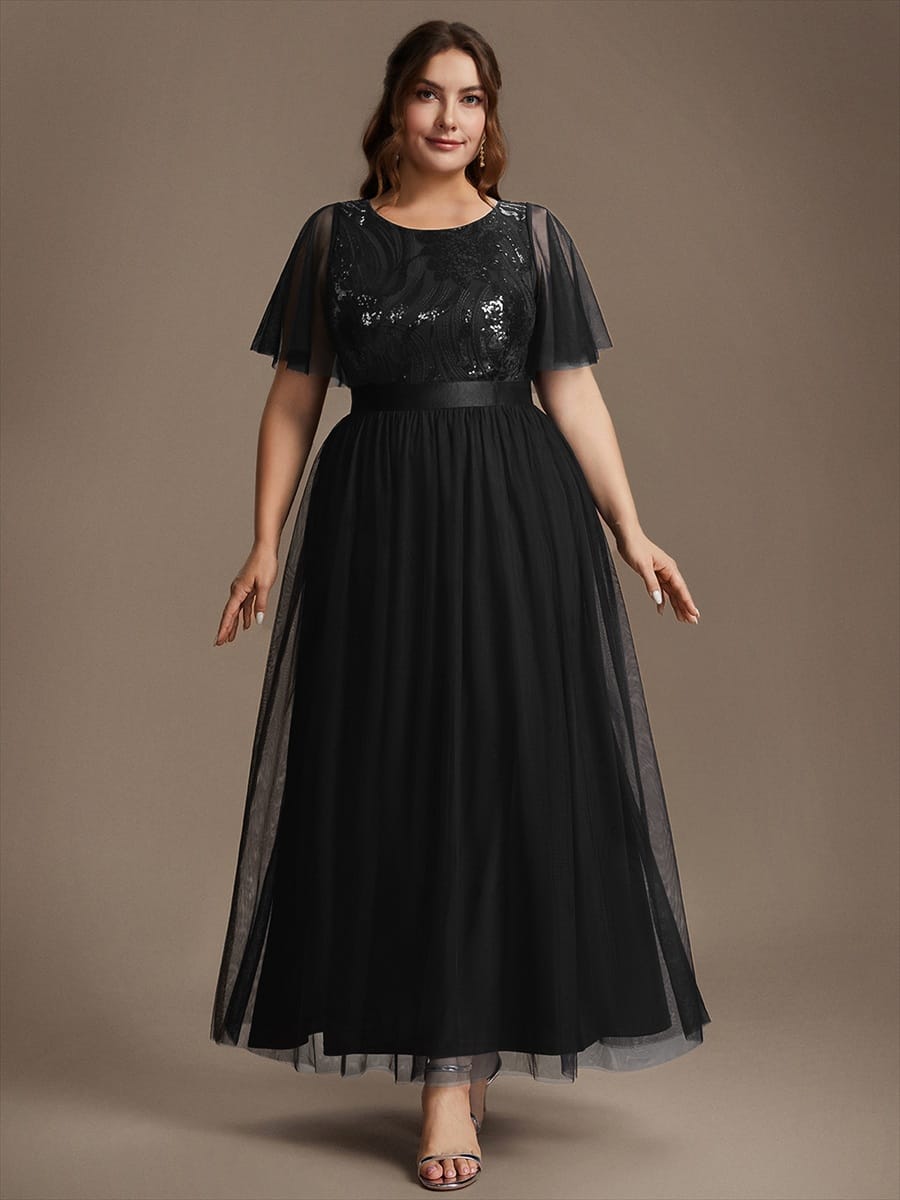 Sequin Tulle Ruffle Sleeve Dress #color_Black