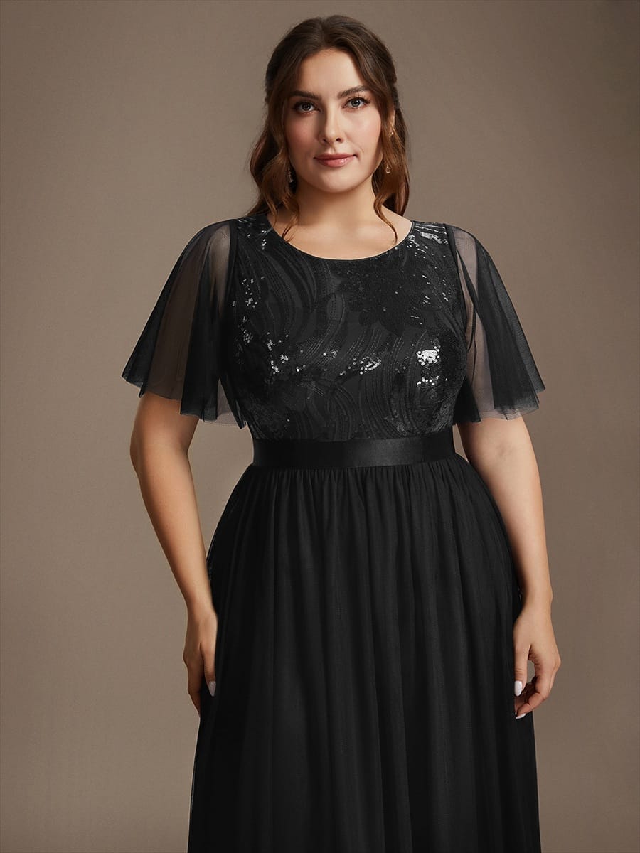 Sequin Tulle Ruffle Sleeve Dress #color_Black