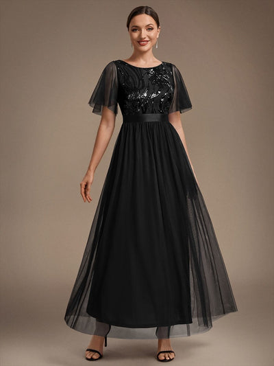 Sequin Ruffle Sleeve A Line Maxi Evening Dress