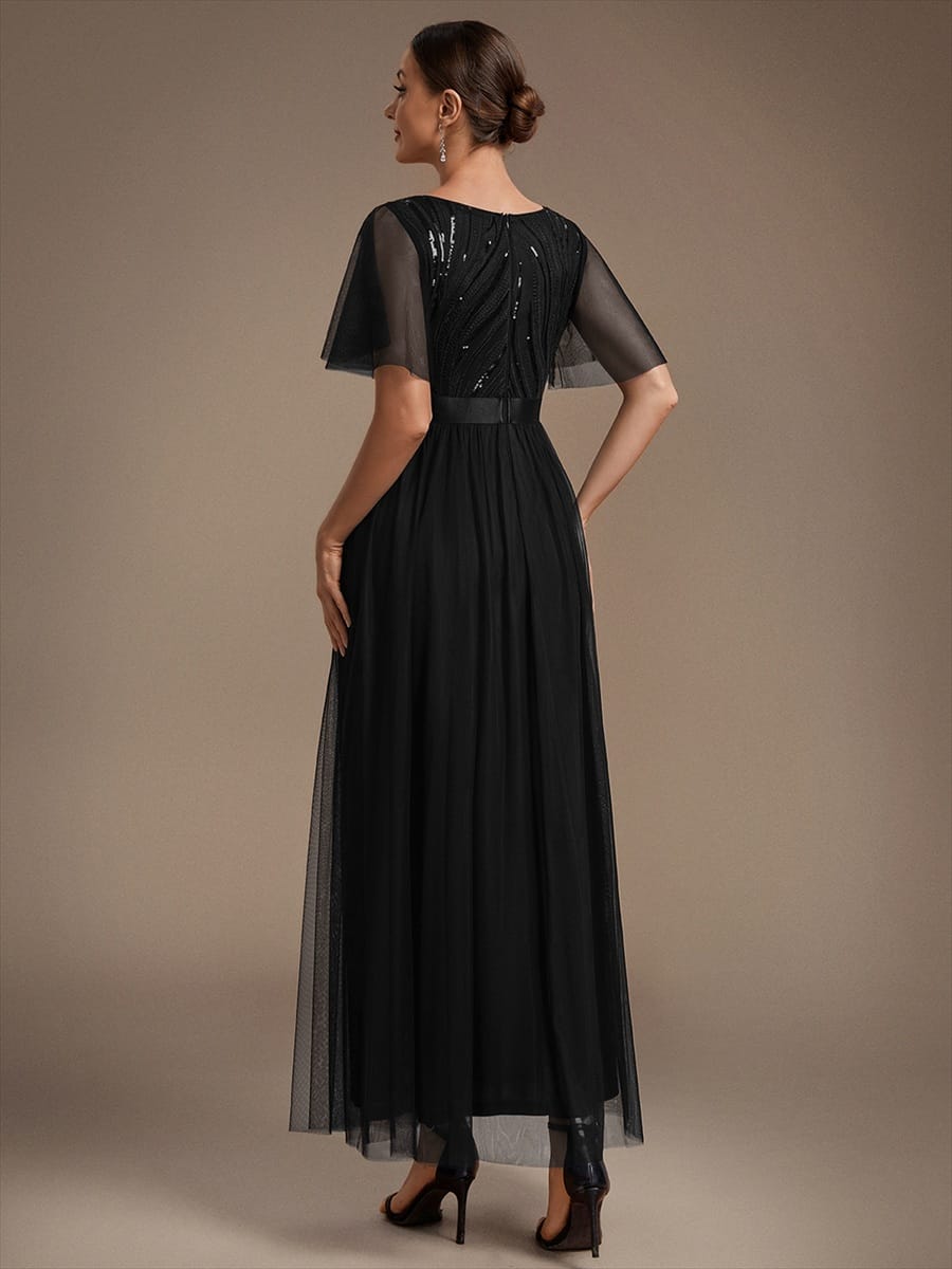 Sequin Tulle Ruffle Sleeve Dress #color_Black