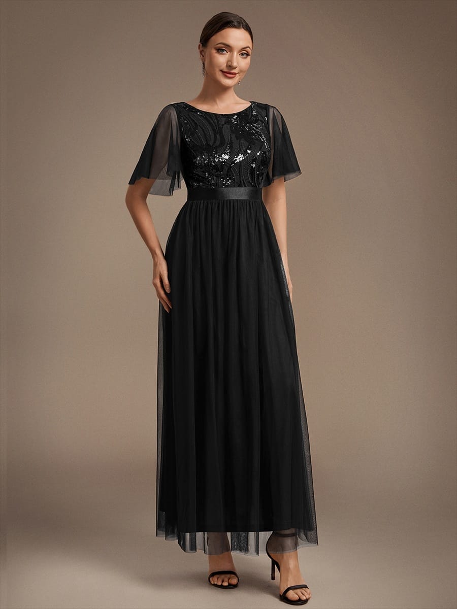 Sequin Tulle Ruffle Sleeve Dress #color_Black