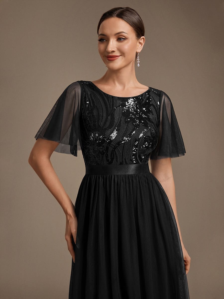 Sequin Tulle Ruffle Sleeve Dress #color_Black