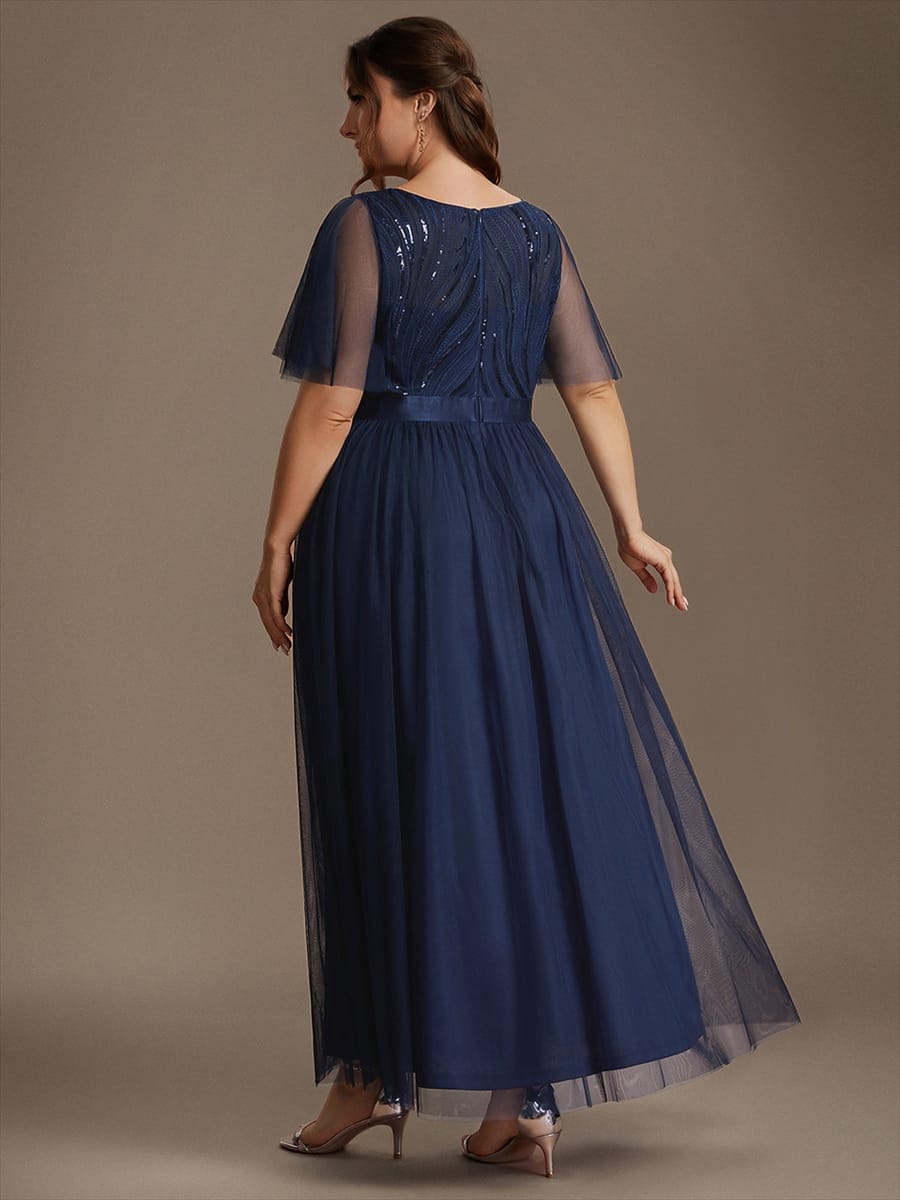 Sequin Tulle Ruffle Sleeve Dress #color_Navy Blue