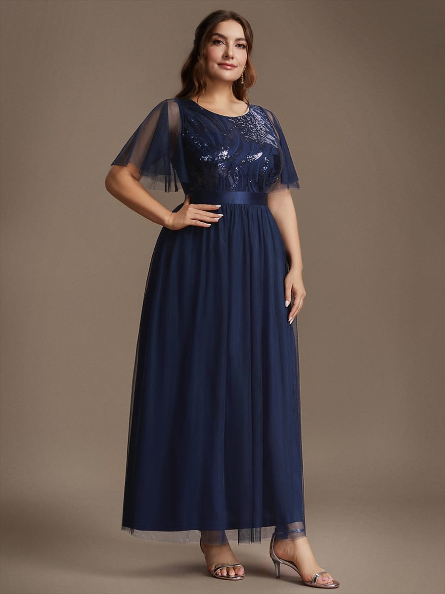 Sequin Tulle Ruffle Sleeve Dress #color_Navy Blue