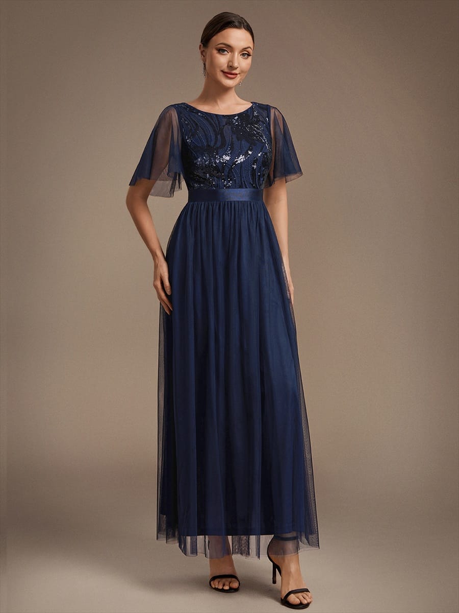 Sequin Tulle Ruffle Sleeve Dress #color_Navy Blue
