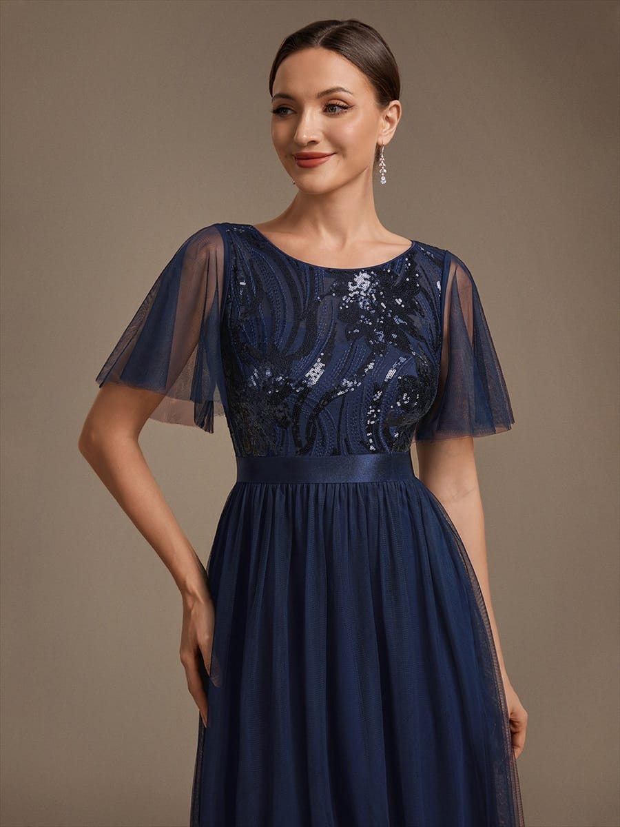 Sequin Tulle Ruffle Sleeve Dress #color_Navy Blue