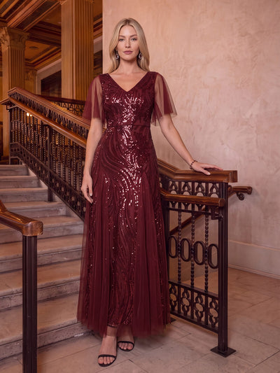 Sequin Ruffle Sleeve A-line Dress #color_Burgundy