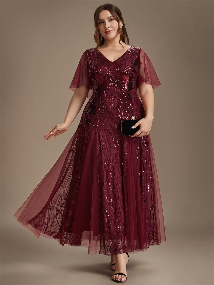 Sequin Ruffle Sleeve A-line Dress #color_Burgundy