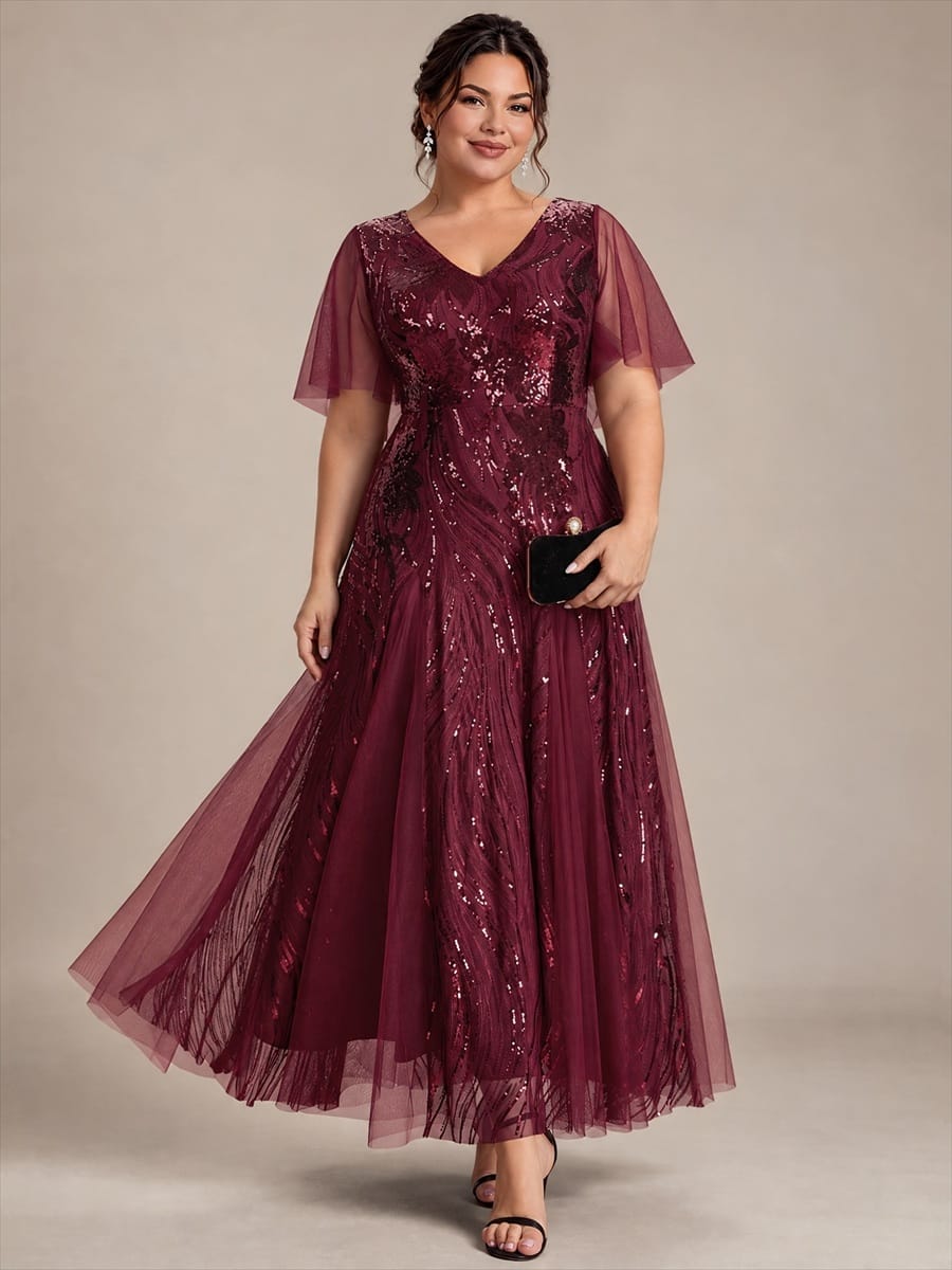 Sequin Ruffle Sleeve A-line Dress #color_Burgundy