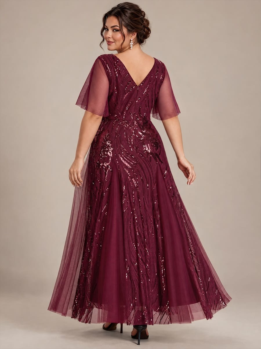 Sequin Ruffle Sleeve A-line Dress #color_Burgundy
