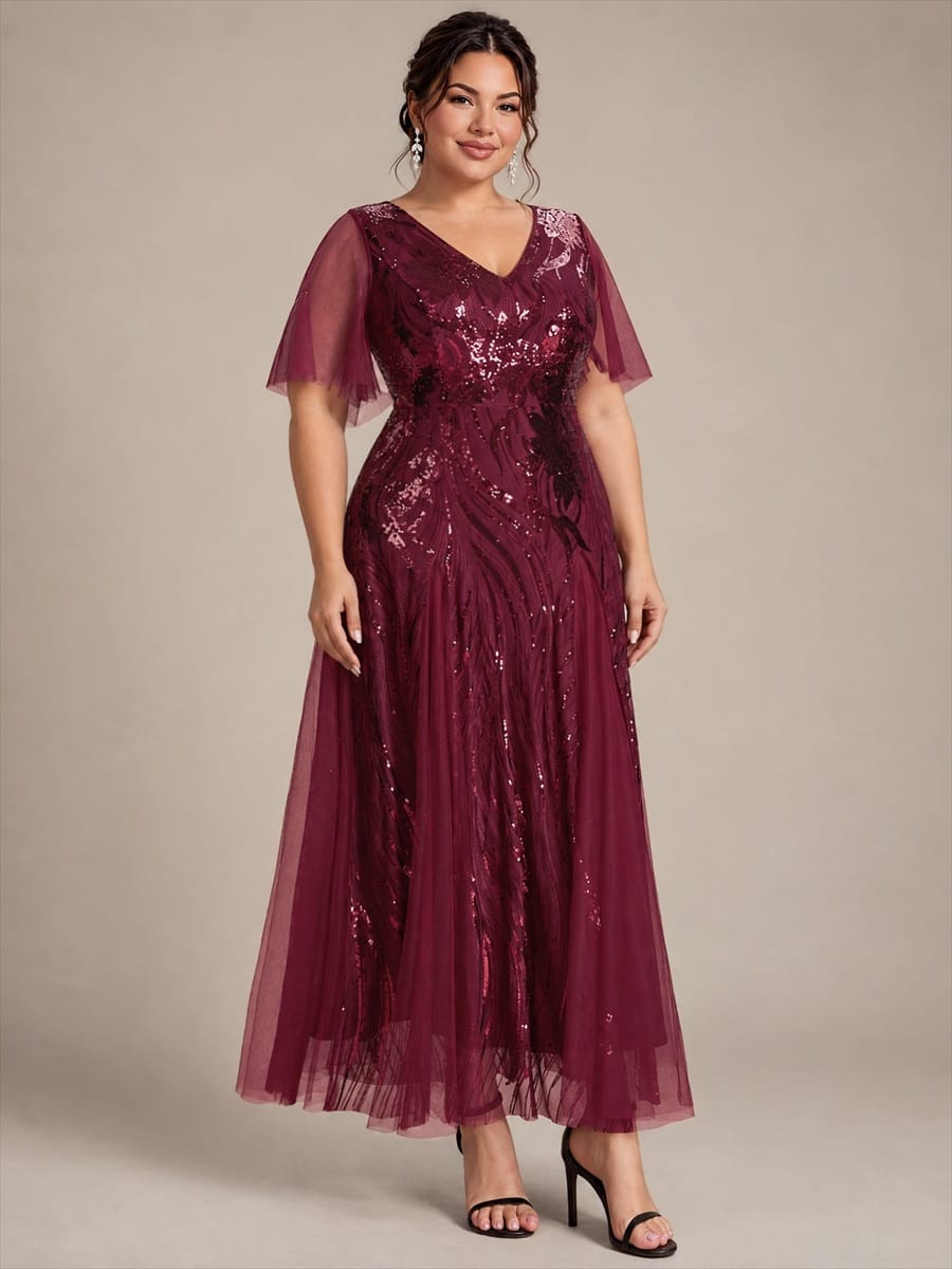 Sequin Ruffle Sleeve A-line Dress #color_Burgundy