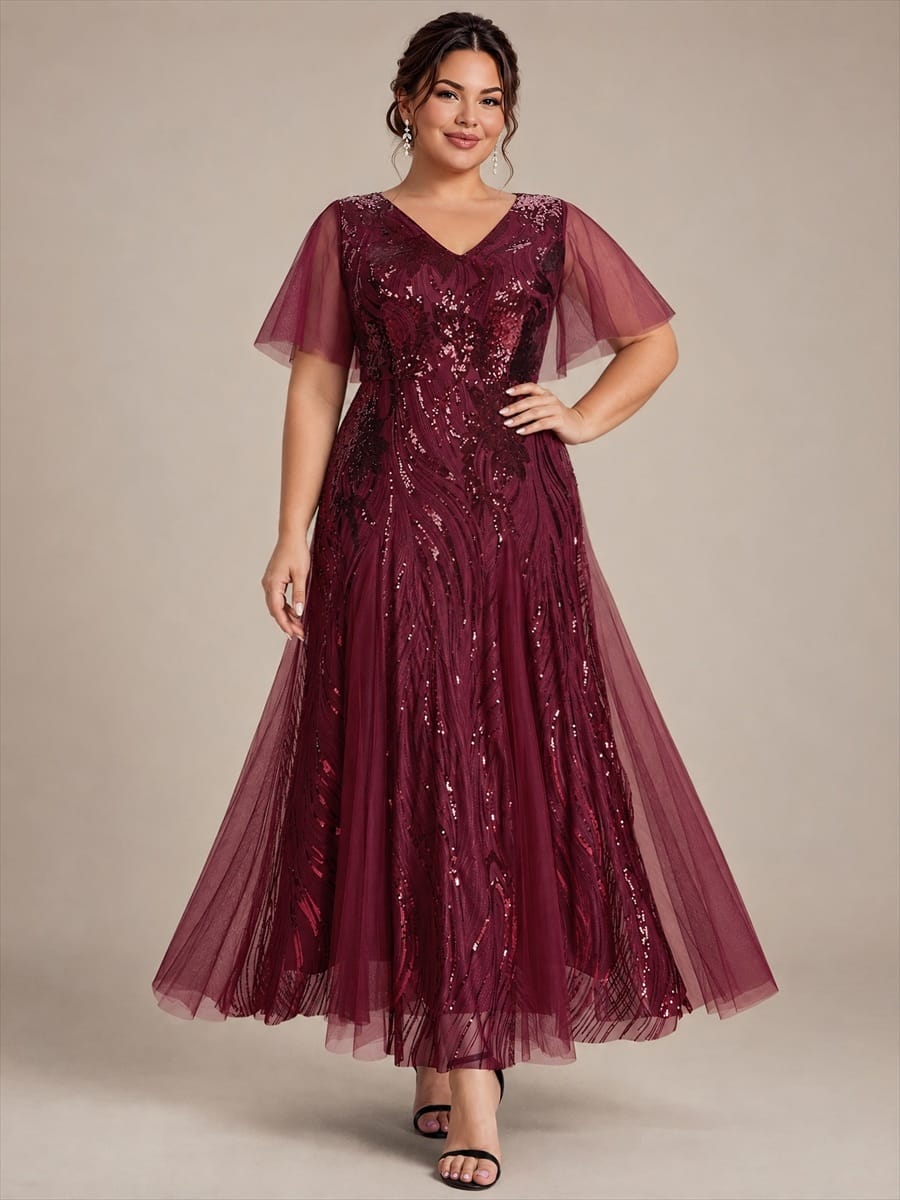 Sequin Ruffle Sleeve A-line Dress #color_Burgundy