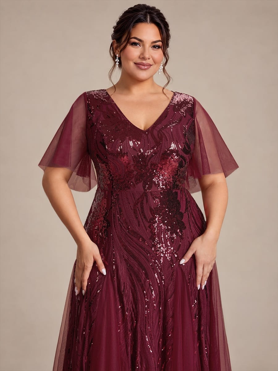 Sequin Ruffle Sleeve A-line Dress #color_Burgundy