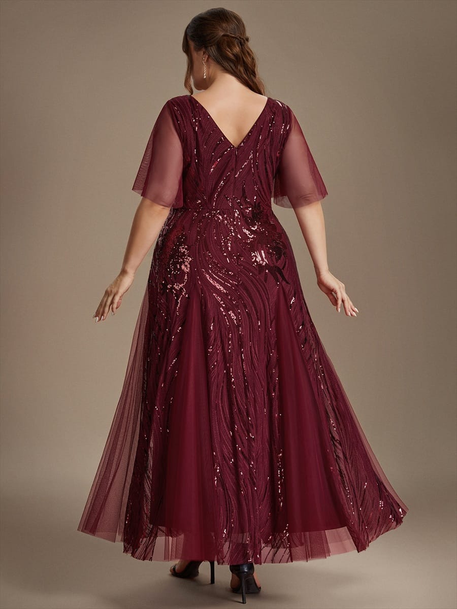 Sequin Ruffle Sleeve A-line Dress #color_Burgundy