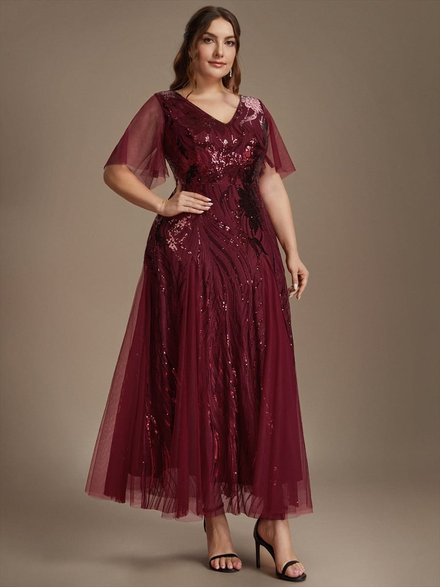 Sequin Ruffle Sleeve A-line Dress #color_Burgundy