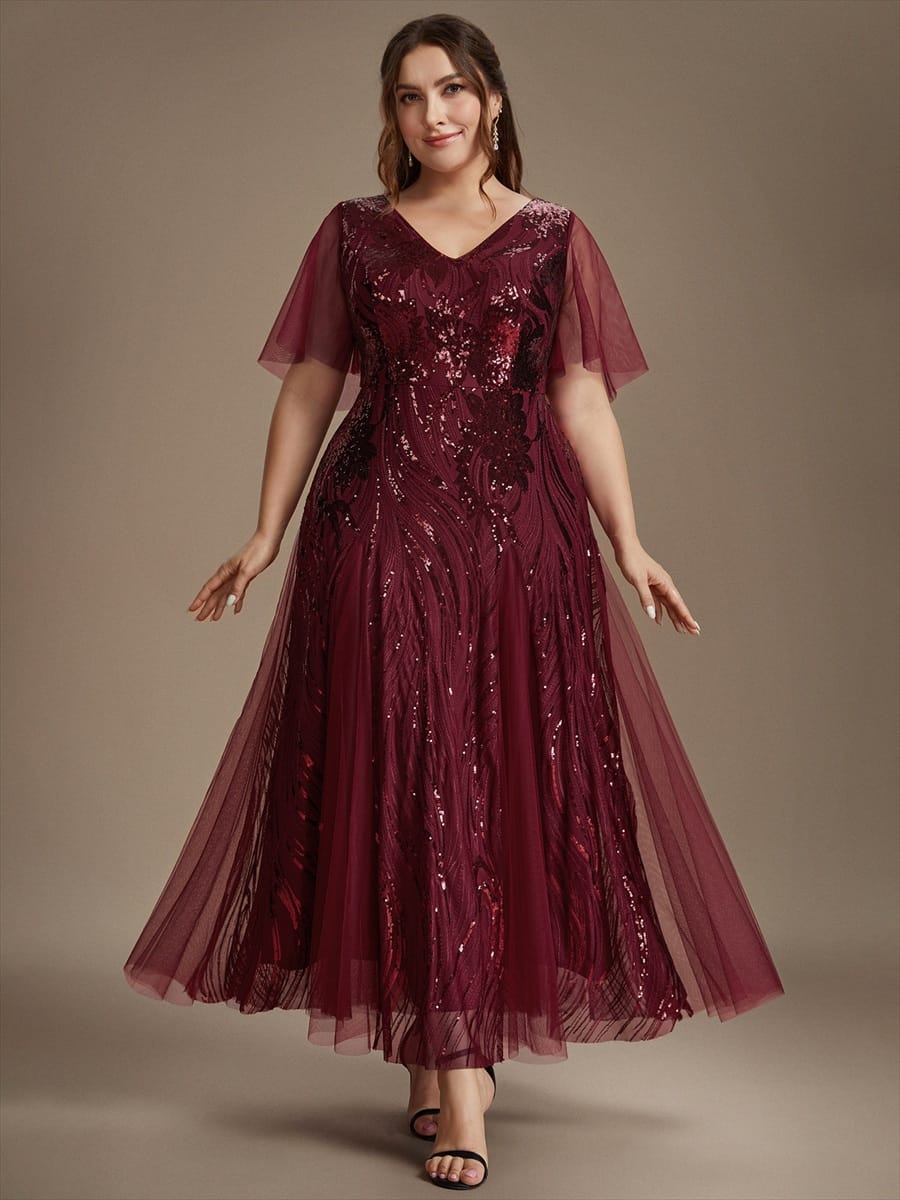Sequin Ruffle Sleeve A-line Dress #color_Burgundy