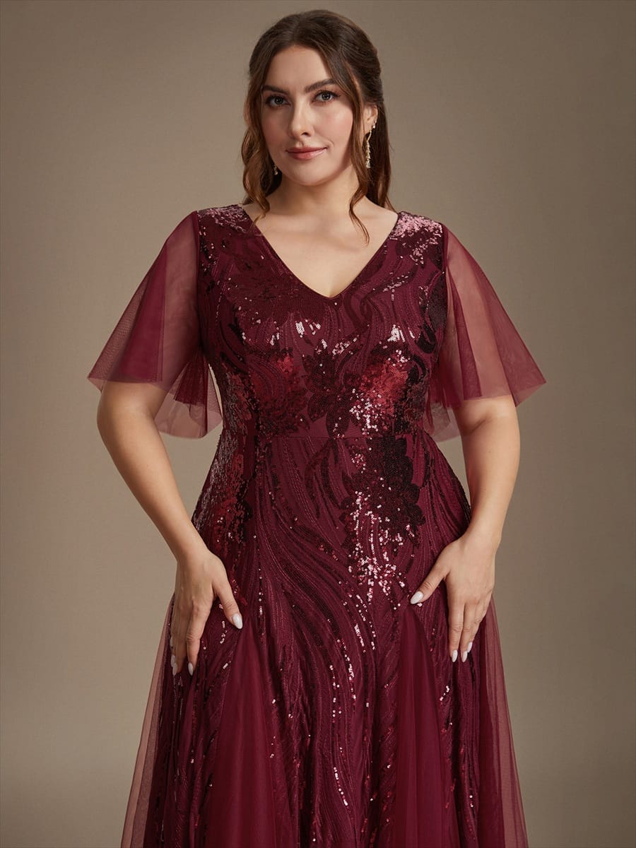 Sequin Ruffle Sleeve A-line Dress #color_Burgundy
