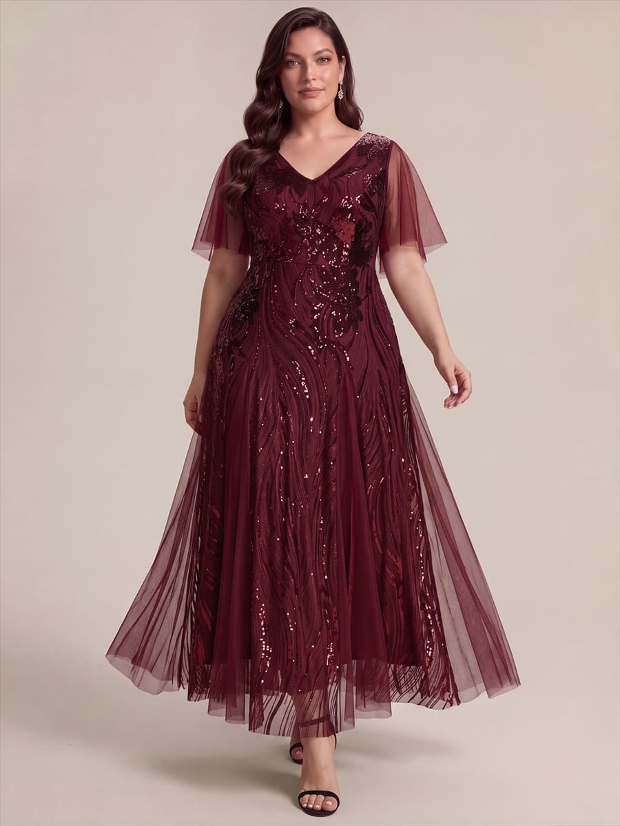Sequin Ruffle Sleeve A-line Dress #color_Burgundy