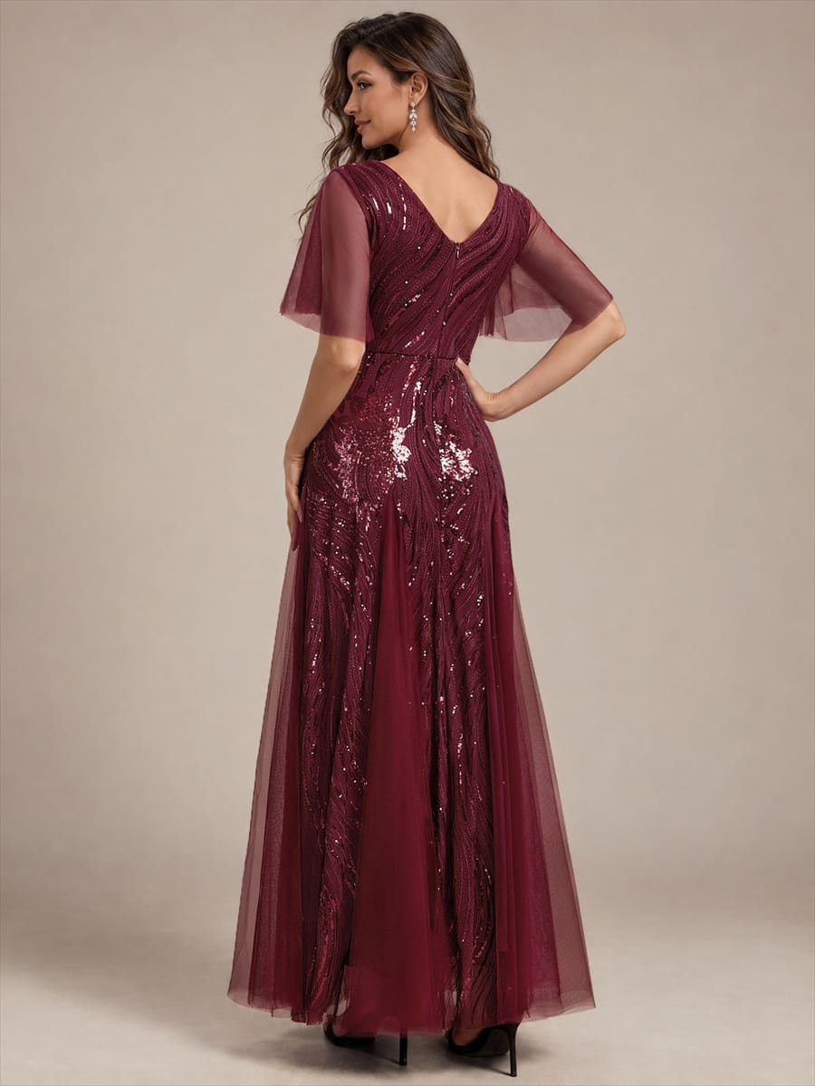 Sequin Ruffle Sleeve A-line Dress #color_Burgundy