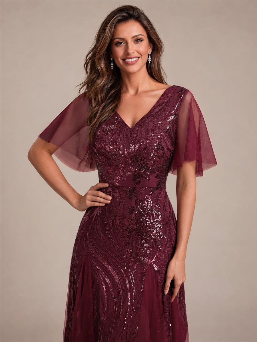 Sequin Ruffle Sleeve A-line Dress #color_Burgundy
