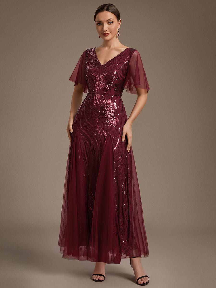 Sequin Ruffle Sleeve A-line Dress #color_Burgundy