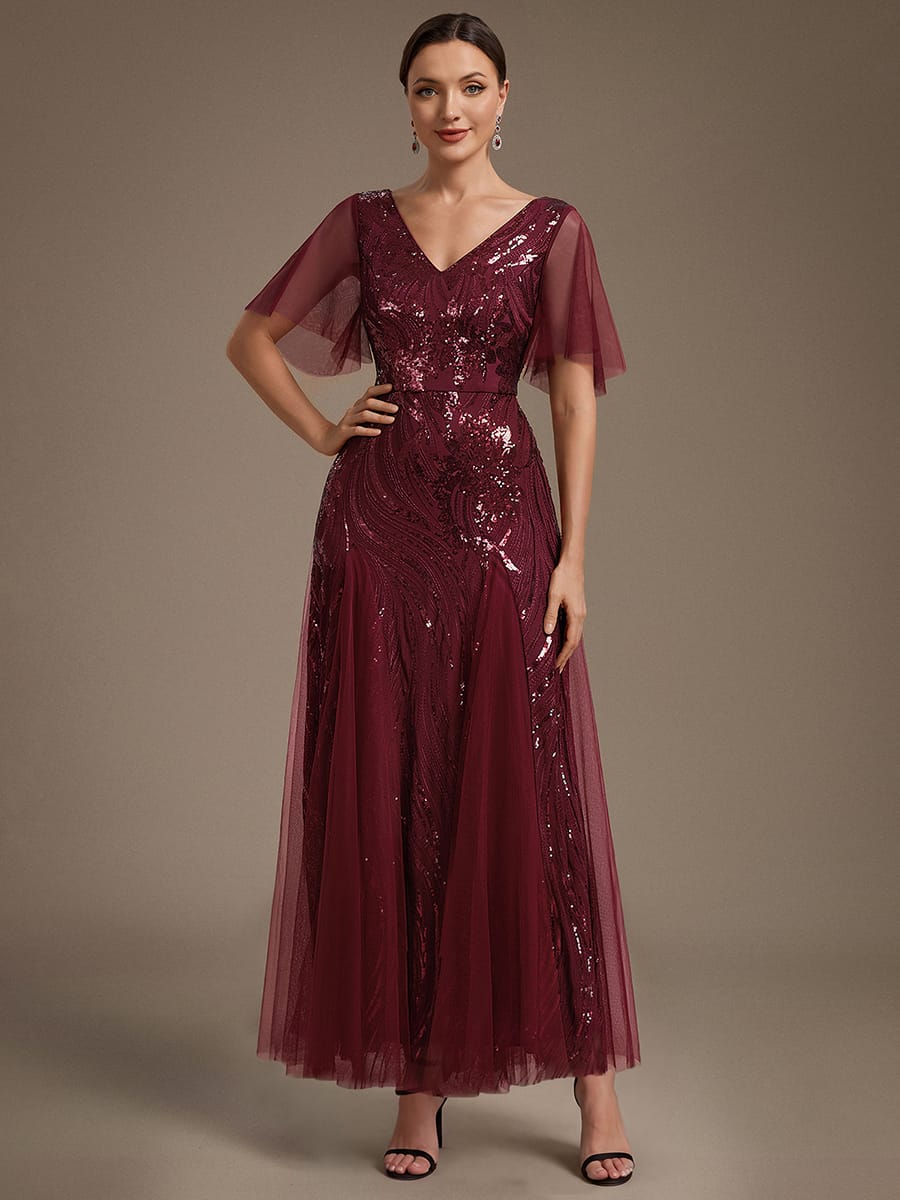 Sequin Ruffle Sleeve A-line Dress #color_Burgundy