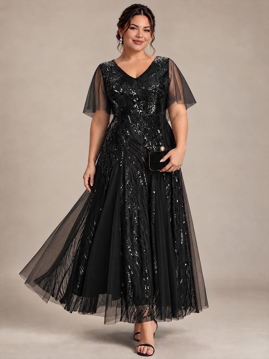 Sequin Ruffle Sleeve A-line Dress #color_Black