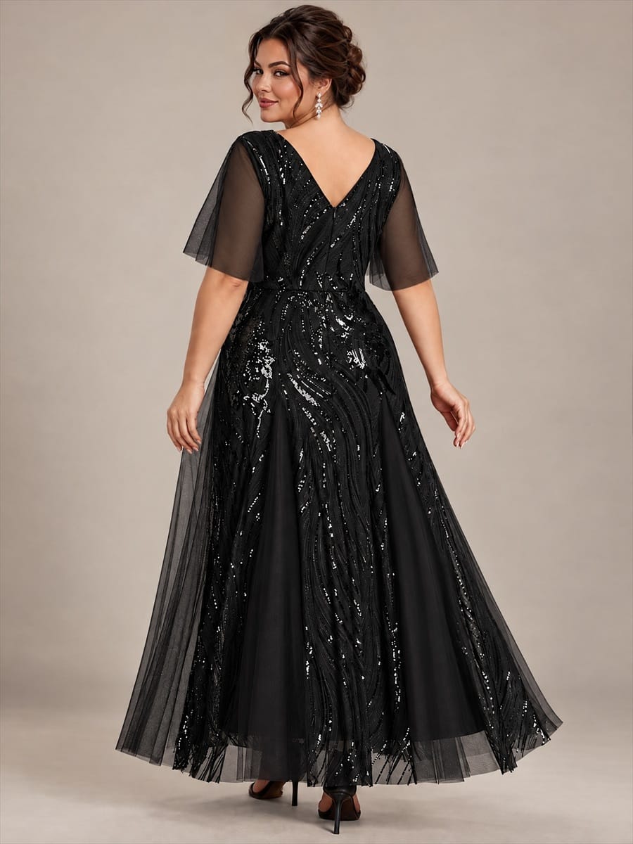 Sequin Ruffle Sleeve A-line Dress #color_Black
