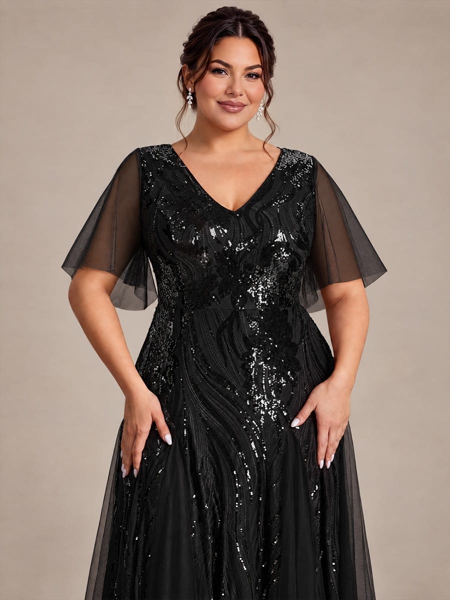 Sequin Ruffle Sleeve A-line Dress #color_Black