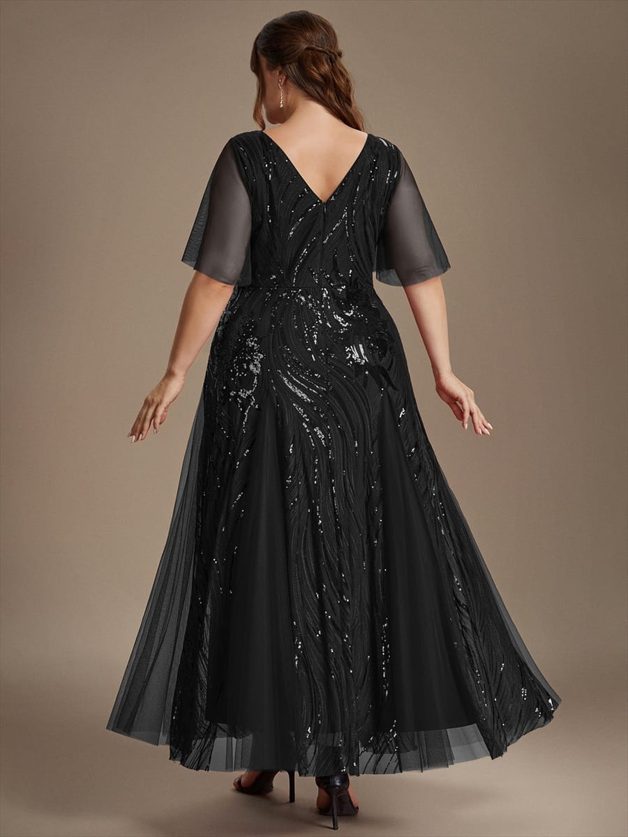 Sequin Ruffle Sleeve A-line Dress #color_Black